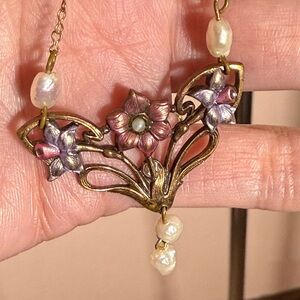 Antique Victorian Art Nouveau Feminine Floral Pearl vermeil Lavaliere Necklace